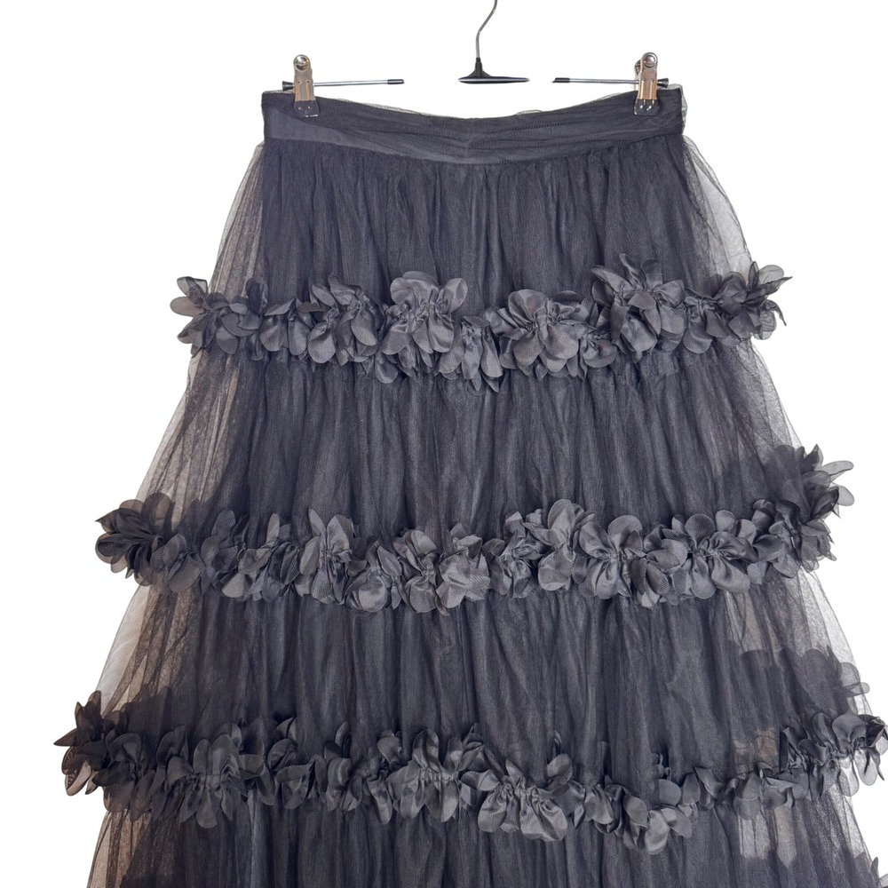 Faeriesty Whimsigoth Dark Fairy Black Tulle Tiered Maxi Skirt 3D Floral Sz L - Picture 3 of 10